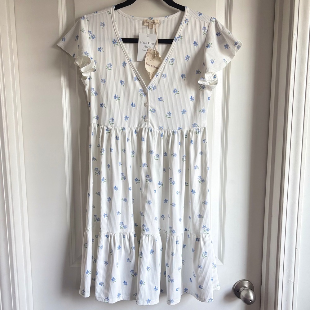 Hem & Thread Ribbed Floral Tiered Mini Dress White V-Neck Flowy Babydoll Small